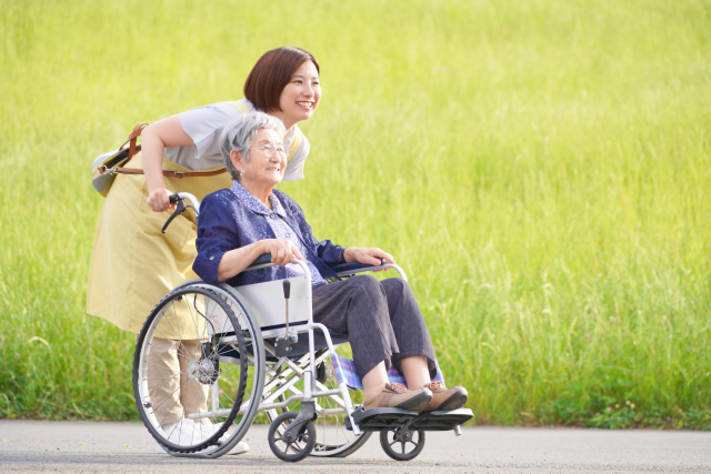 車椅子を押すヘルパーと高齢者